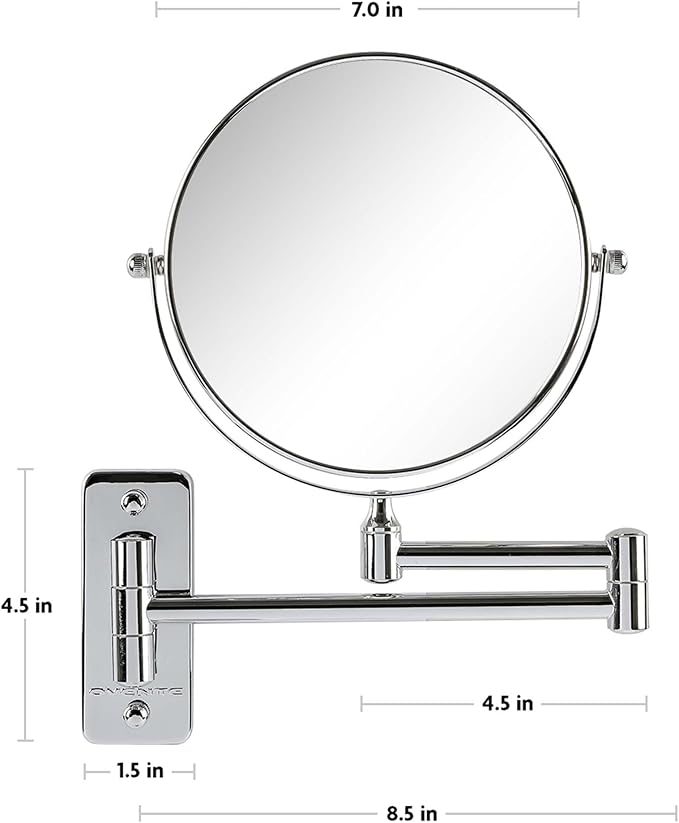 OVENTE 7" Wall Mounted Makeup Mirror with 1X/7X Magnification, Double Sided Magnifying Round Bathroom Vanity Mirror, 360° Swivel Design, Extendable and Folding Arm, Polished Chrome MNLFW70CH1X7X