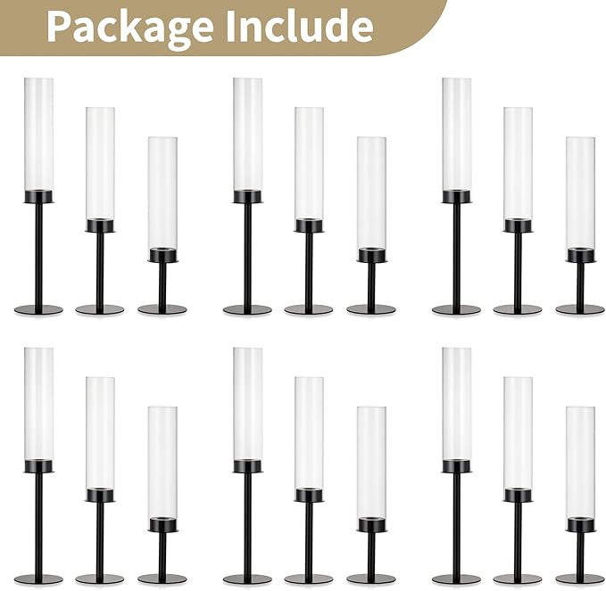 NUPTIO Hurricane Candle Holders Bulk: 18 Pcs Black Tapered Candlesticks Holder with Crystal Glass Cylinder Sleeves Metal Taper Candle Stick Holder for Christmas Thanksgiving Party Event Centerpieces