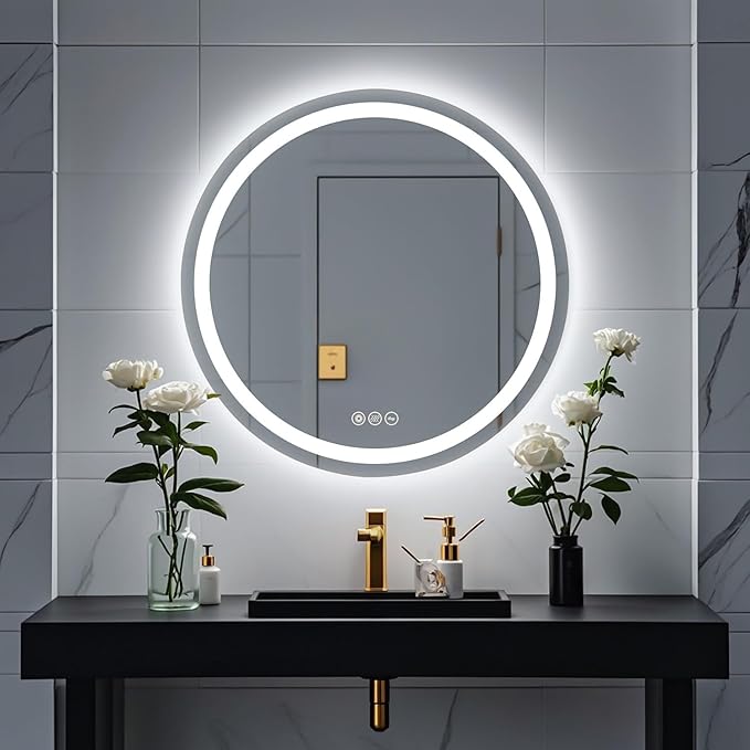 Wall-Mounted LED Round Bathroom Mirror, Makeup Mirror (24 inches x 24 inches,) 3 Color Stepless Dimmable Memory Bathroom Vanity Mirror with Lights CRI90+ 3000-6400K Smart Mirror with Touch