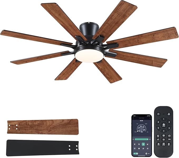 Ceiling Fans with Lights- 52" Low Profile Indoor Ceiling Fan with Light and Remote/APP Control, 8 Blade,Flush Mount, LED Dimmable DC Reversible Modern Ceiling Fan for Bedroom（Brown）