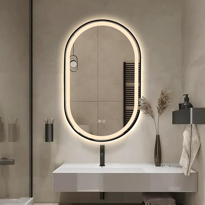 Niccy Oval LED Mirror for Bathroom, 36x24 Front Lit + Backlit Vanity Mirrors with Light Anti-Fog, Shatter-Proof, 3 Colors, Makeup Mirror with Black Frame (Horizontal/Vertical)