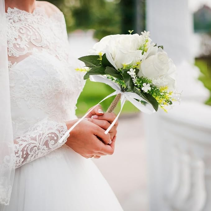 Eforcase Wedding Bouquet - Artificial White Rose Flower Bouquets for Bride and Bridesmaid - Faux Ribbon Holding Flowers for Wedding Decor