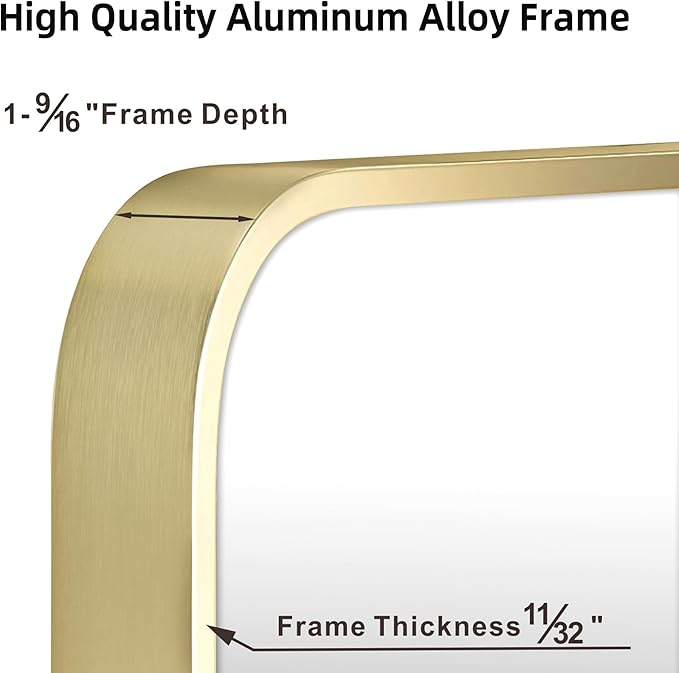 22"x30" Matte Gold Mirror for Wall, Brushed Metal Framed Rounded Corner Rectangular Mirror for Bathroom Vanity,Entryway,Living Room,Bedroom,Vertical or Horizontal
