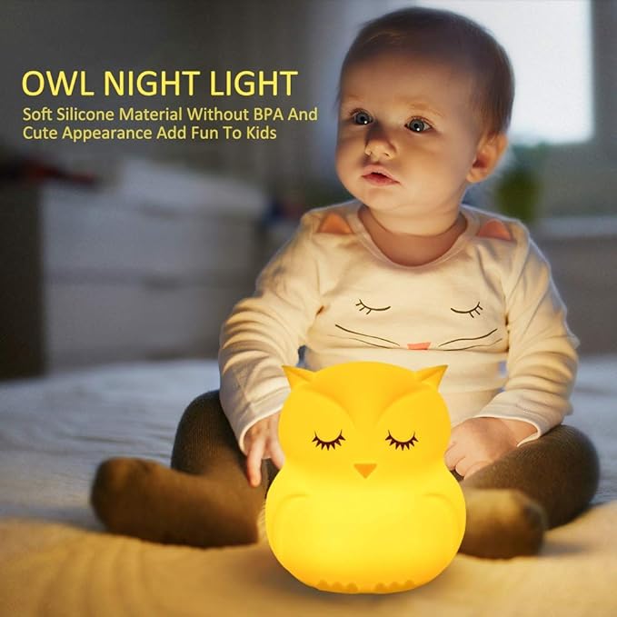 Owl Night Light for Kids, Rechargeable LED Bedside Lamp for Children, 9 Changing Color Silicone Nursery Lamp for Breastfeeding, Eyes Caring, Tap Adjustable Brightness & Colors
