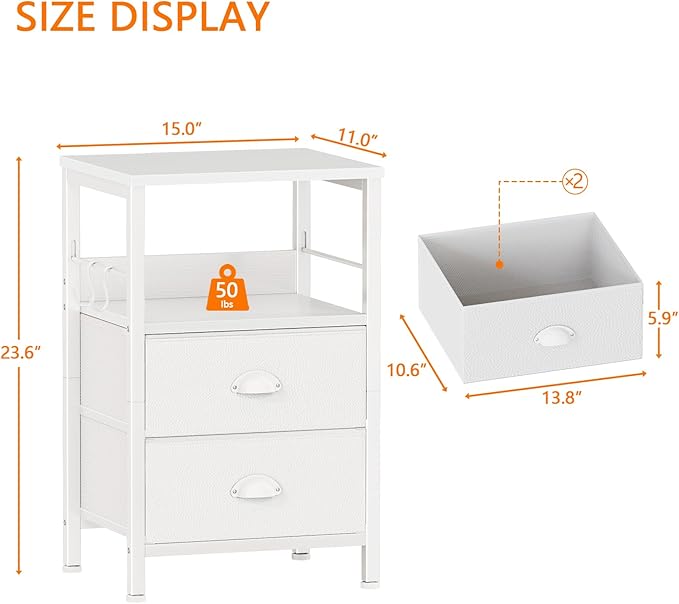 Furologee Nightstands Set of 2, End Table with 2 Fabric Drawers, Night Stand with 2 Hooks, Open Wood Shelf Bedside Table for Bedroom/Living Room/White