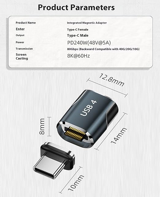 Upgraded Magnetic USBC to USB C Adapter, 240W PD Fast Charging, Thunderbolt 4 Type-C 4.0 Extender, 80Gpgs, 24 Pin, Elbow 90 Degree for Laptop, MacBook Pro Air USB C Extender