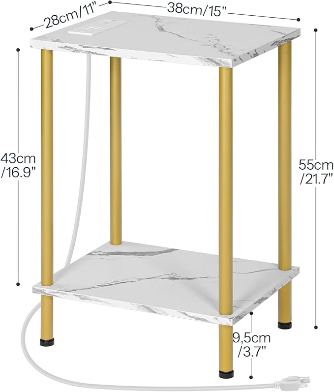 HOOBRO Side Table with Charging Station, Set of 2 End Tables with USB Port and Outlet, Nightstand with 2-Layer Storage Shelves for Small Spaces, Living Room, Bedroom, Gold and Marble DM09UBZP201