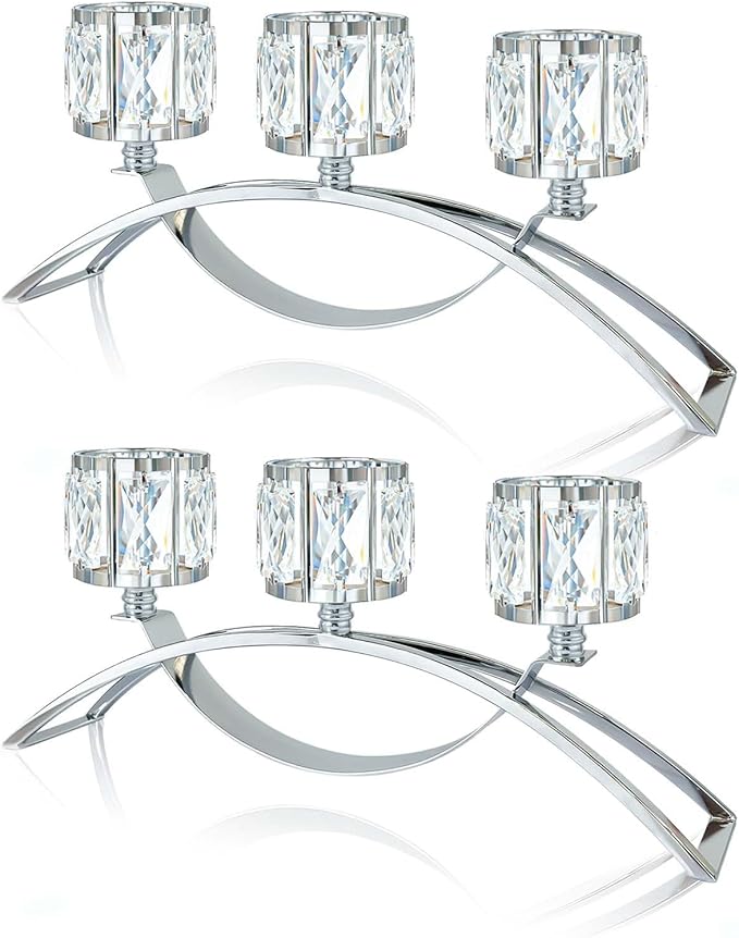 3 Arms Crystal Candle Holders, Arch Candlestick Table Candelabras Centerpieces for Wedding, Dinning Room, Cabinet Ornaments, Home Decoration， Gift (Silver, 2 Pcs-3 Arm Arched)