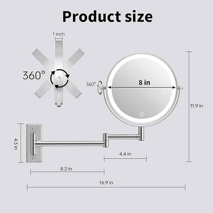 1X/20X Wall Mounted Makeup Mirror with Lights, 8" Double Sided Bathroom Magnifying Mirror with 360° Extension Arm, Dimmable, Rechargeable, Touch Control, Chrome