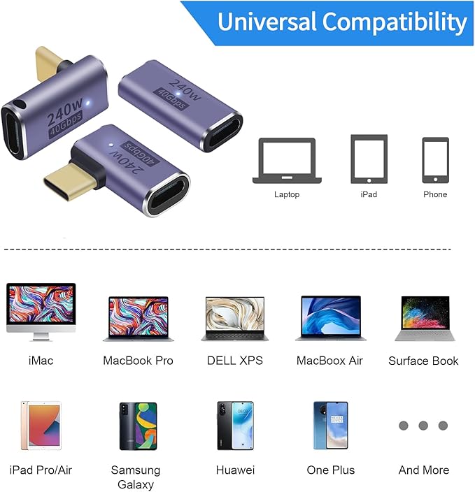USB C 90 degree, Right Angle Adapter,USB C Female to Female Adapter240W PD, 40Gbps and 8K video]supports Thunderbolt 4/3 cable for laptops, tablets and phones (3 packs) (3 Styles usb c adapter)