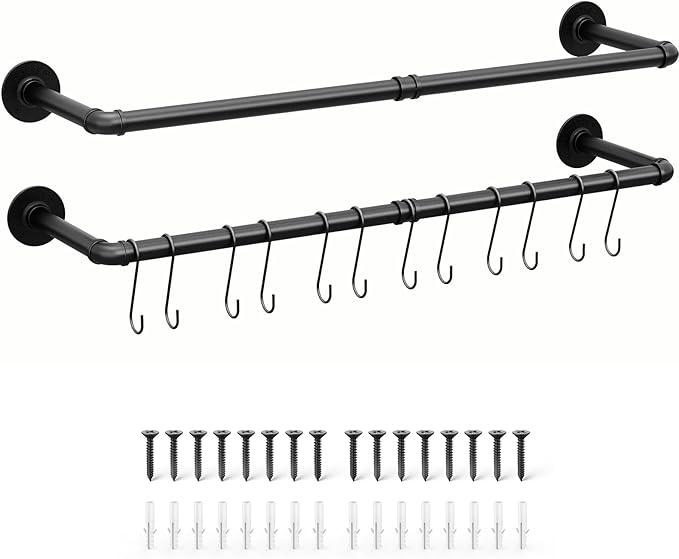 OROPY Industrial Pipe Clothes Rack Wall Mounted Set of 2, 38.4 inches Heavy Duty Iron Pipe Clothing Garment Rail, Multi-Purpose Clothing Hanging Rod for Laundry Room and Closet Storage