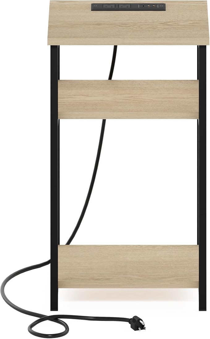 Furinno Moretti Side Table, 3-Tier End Table with Charging Station, Metal Frame Night Stand, Bedside Table with USB and Type-C Charging Port, for Living Room, Bedroom, Bauhaus Oak