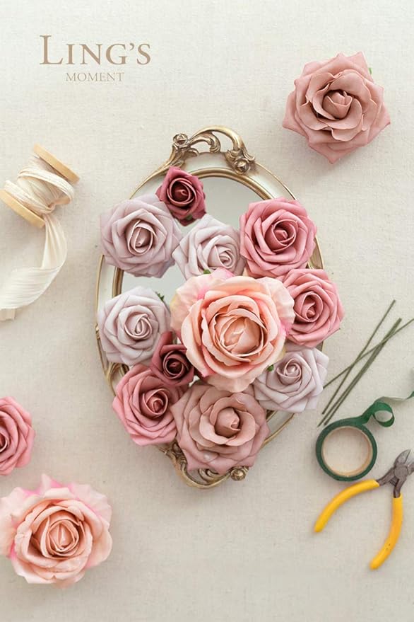 Ling's moment Artificial Flowers Fake Silk Roses Faux Foam Flower Combo for DIY Wedding Bouquets Centerpieces Arrangements Bridal Shower Party Home Decorations, Dusty Rose & Cinnamon Rose, 26pcs