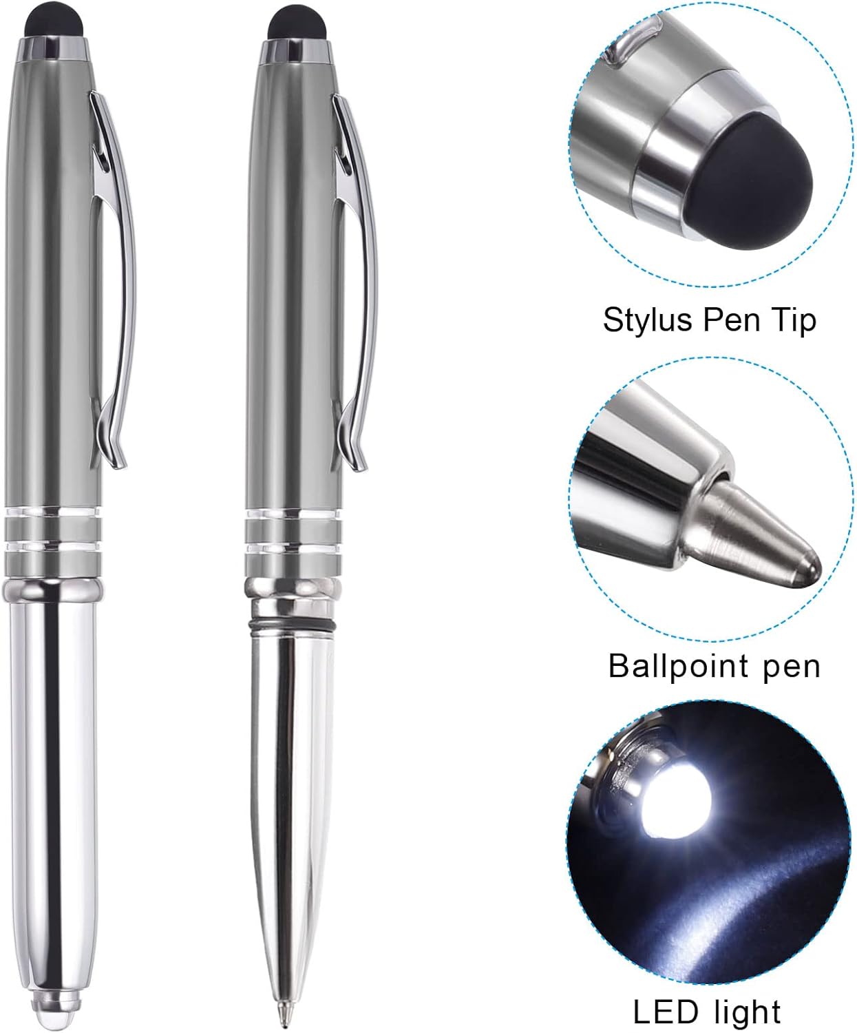 PATIKIL 2 Pack Ballpoint Pen with Stylus Tip and LED Flashlight, 1.0mm Medium Point, Black Ink, Gray