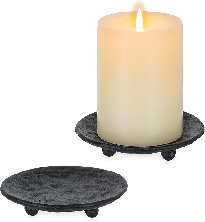 Cast Iron Pillar Candle Holder: 4.6 in Black Pillar Candle Plate Pedestal Stand Vintage Decorative Tray for 3 Wick Jar Candles Tealight Votive for Table Home Halloween Set of 2