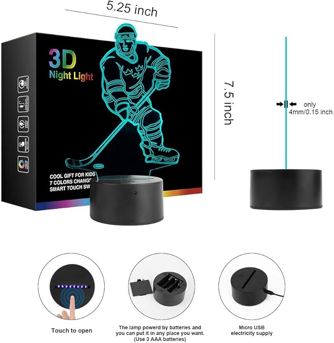 Hockey Player 3D Night Light Lamps for Kids 7 LED Color Changing Touch Table Desk Lamps Lighting Cool Toys Gifts Birthday Xmas Decoration for Sports Hockey Fan