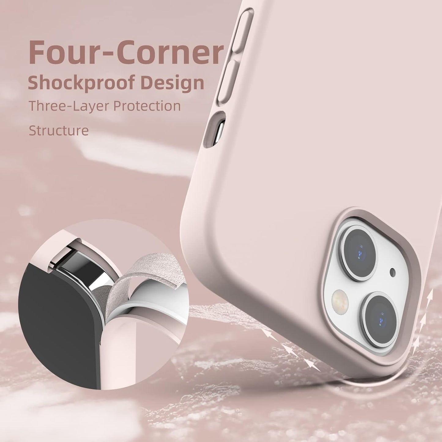 K TOMOTO Pink Sand Compatible iPhone 13 Case, [Drop Protection] [Anti-Scratch] Shockproof Liquid Silicone Cover