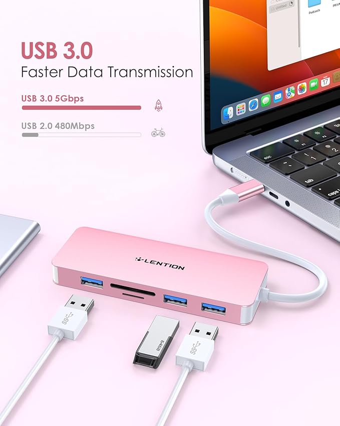 LENTION 5 in 1 USB to USB-C Adapter with Micro SD/SD Card Reader for iPhone, 4K@30Hz HDMI to USB C Hub Multiport Adapater with 3 USB 3.0 Compatible with 2025-2018 MacBook Pro MacBook Neo(Rose Gold)