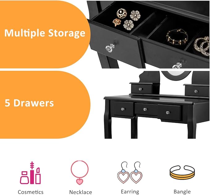 Giantex Vanity Set with Oval Mirror & Cushioned Stool, Makeup Dressing Table Large Storage with 5 Drawers, Mirrored Bedroom Vanities Makeup Table for Kids Girls Women, Easy Assembly (Black)