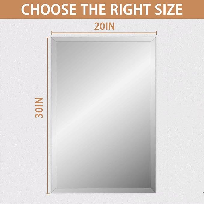 Frameless Mirror for Bathroom Vanity,20x30in Wall Mounted Mirrors for Over Sink Decorative Rectangular Frameless Mirror,With Polished Edge,Hangs Horizontally Or Vertically,Entryways,Room,Shatterproof