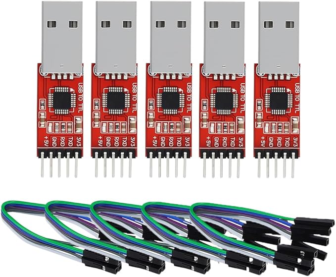 CP2102 USB to TTL Serial Adapter – USB 2.0 to 5Pin UART Converter Module with 3.3V/5V Output, STC Compatible, Includes Jumper Wires – for Arduino, ESP8266, STM32, DIY Projects (5-Pack)
