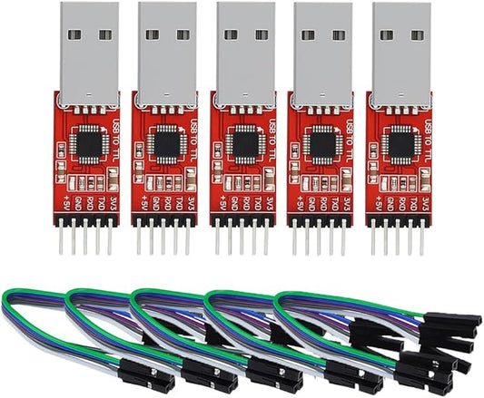 CP2102 USB to TTL Serial Adapter – USB 2.0 to 5Pin UART Converter Module with 3.3V/5V Output, STC Compatible, Includes Jumper Wires – for Arduino, ESP8266, STM32, DIY Projects (5-Pack)