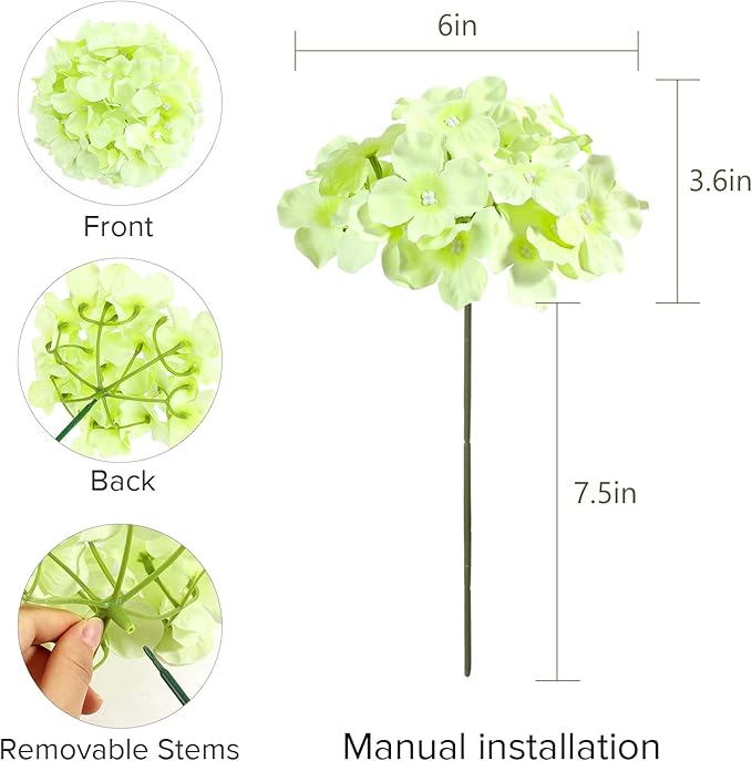 Auihiay 64 PCS Full Hydrangea Flowers, Silk Hydrangea Artificial Flowers Heads with Stems, Artificial Flowers for Wedding, Garden, Baby Shower, Party, Outdoor Indoor Decoration (Light Green)