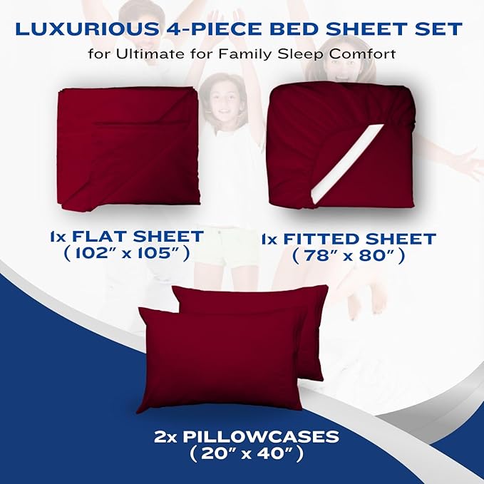 DREAMCARE Queen Size Sheets - Cooling Bed Sheets - 4pcs Set - up to 15" Deep Pocket Queen Sheet Set - Sheets Queen Size Bed - Soft & Long Lasting 100% Fine Brushed Polyester with Side Pocket -Brgndy