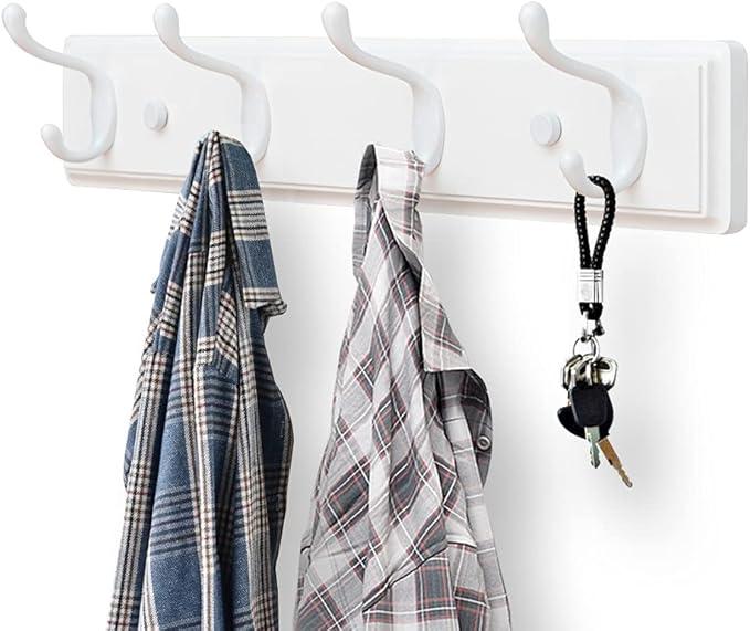 Wooden Coat Rack, Wall-Mounted Organizer for Closet, Entryway, Hallway, Foyer, Bedroom, Heavy Duty Double Hooks for Hanging Towels, Bags, Hats, Jackets, Key (White, 4 Hooks)