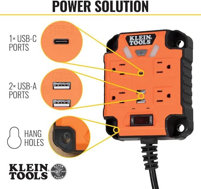 Klein Tools 29601 Magnetic Power Strip with Surge Protector, Extension Cord, 4 Outlets, 3 USB Ports, 5-Foot Cord, Power Supply Box with Light, PowerBox 1, Heavy Duty