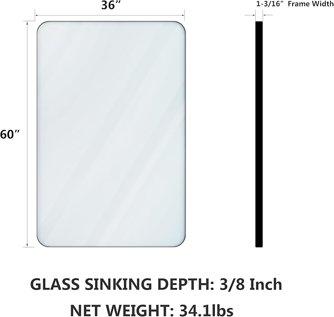VocalStar 60 x 36 Inch Black Bathroom Mirror for Wall, Large Rounded Rectangle Metal Framed Bathroom Wall Vanity Mirror Farmhouse, 1/4-inch Shatterproof Glass | Ultra-Flush Hanging
