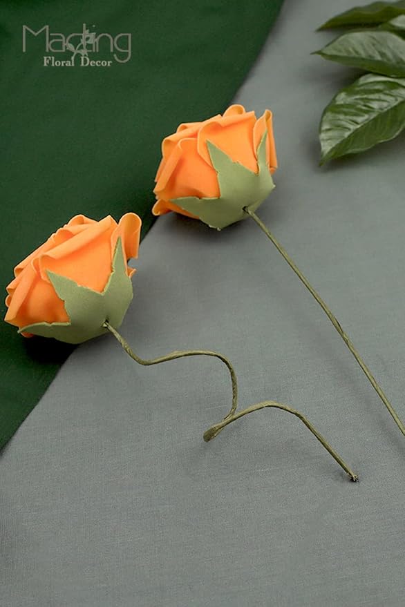 MACTING 60PCS Artificial Flower Roses Real Touch Fake Flowers with Stem Orange Foam Rose for DIY Wedding Bouquet Table Centerpieces Crafts Party Holiday Home Decorations