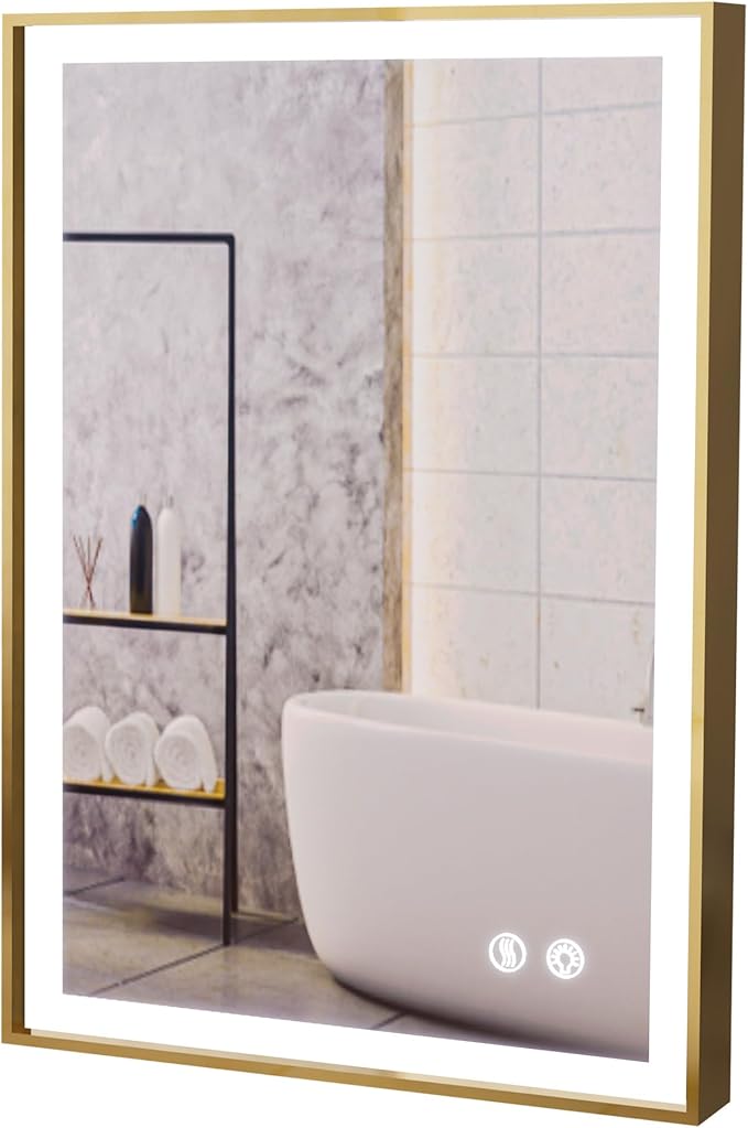 LED Lighted Bathroom Mirror 24 x 36 Inch, Champagne Gold Framed Wall Mounted Dimmable Vanity Mirror, Anti-Fog Touch Sensor, Adjustable Color Warm/White/Natural