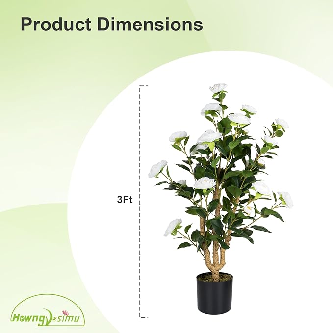 Artificial Camellia Tree 2 Pack, 38’’ Faux Camellia Plant in Pot with White Flowers, Greenery Potted Plant for Indoor Outdoor Office Home Porch Decor, White