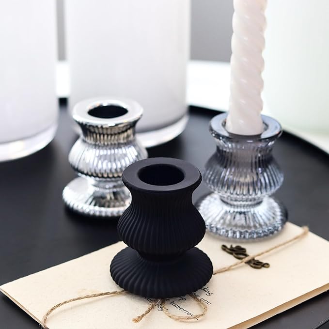 WDHODEC Black White Candlestick Holders 12PCS Glass Taper Candle Holders for Table Centerpiece Colorful Candle Sticks for Wedding, Party and Festival Decoration