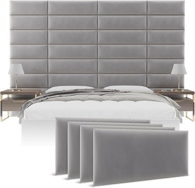 Vänt Upholstered Wall Panels - King/Cal King Size Wall Mounted Velvet Headboards - Velvet Platinum Grey - Twin/King - Set of 4 Panels (Each Individual Panel 39"x11.5")