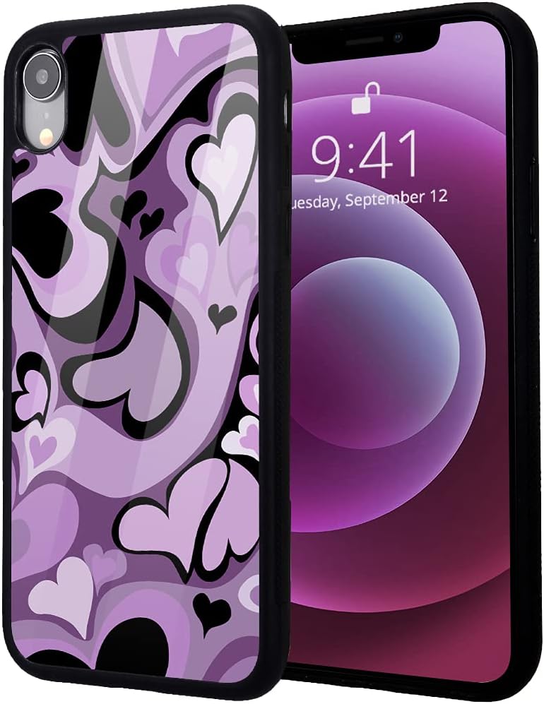 Idocolors Purple Love Heart Printed Cases for iPhone XR, Cute Soft TPU Hard Back Shatter-Resistant Protective Cover