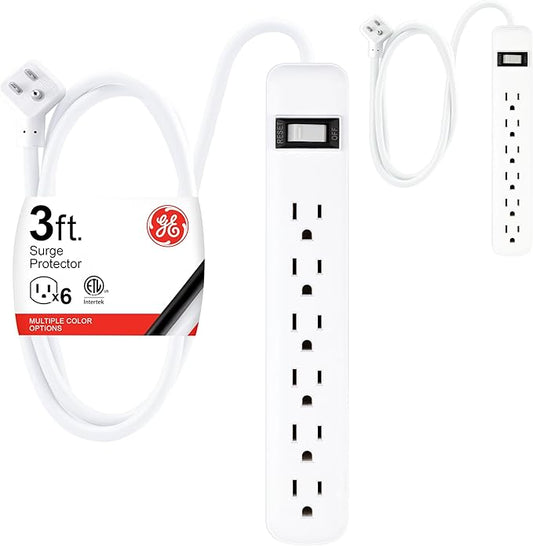 GE 6-Outlet Surge Protector 2 Pack, 3 Ft Extension Cord, Power Strip, 450 Joules, On/Off Switch, Integrated Circuit Breaker, Heavy Duty, Warranty, UL Listed, White, 14709
