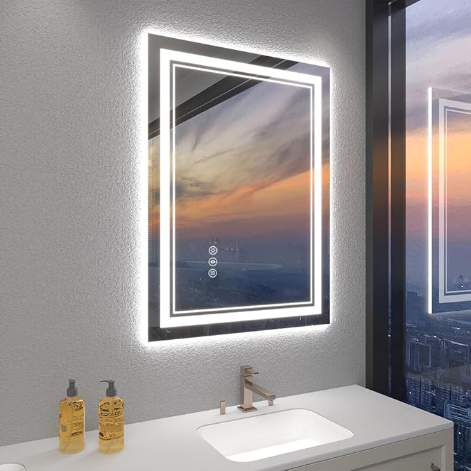 24x32 Inch LED Mirrors for Bathroom, Threefold Brightness 2 Front Lights + 1 Back Lit Mirrors for Bathroom Wall Restroom with Anti-Fog, 3Colors Stepless Adjusted, Safer Tempered Glass, Memory Function