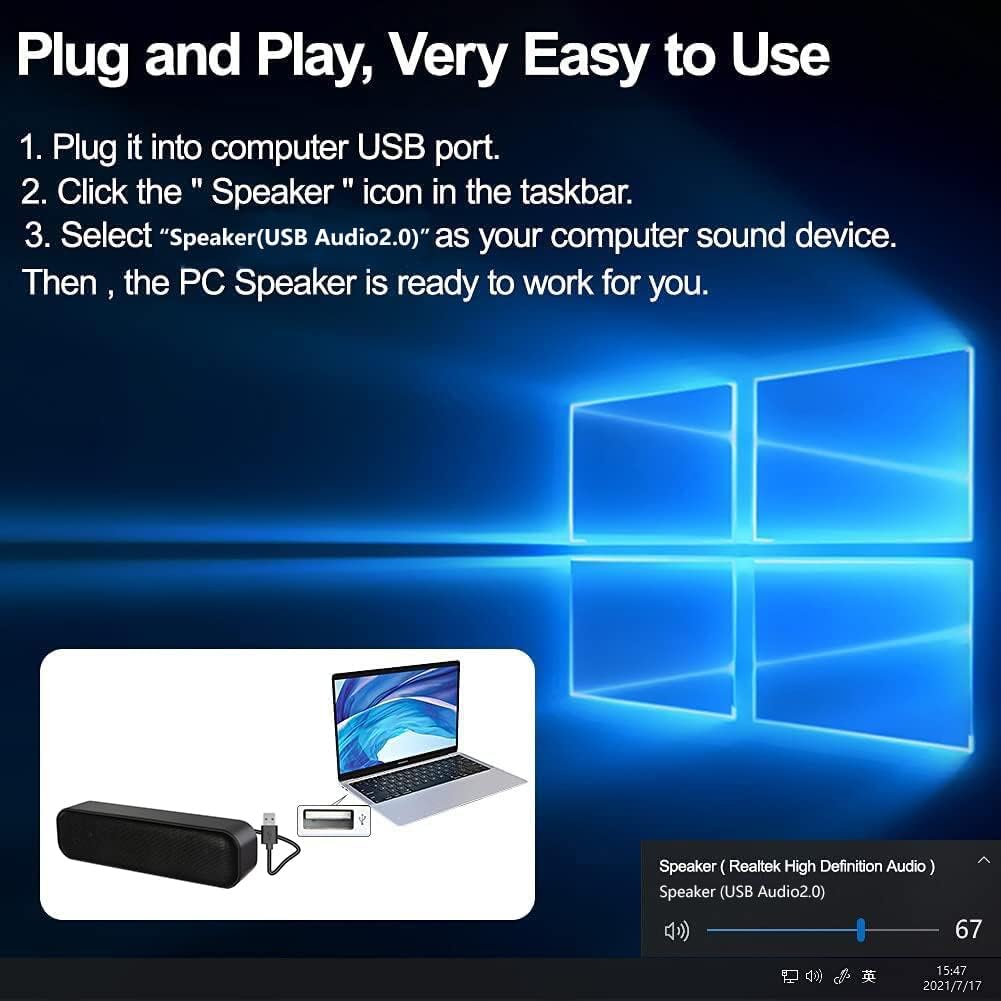 ZETIY Updated Computer Speaker, USB Powered Mini Sound Bar for Desktop, Windows PC, Mac, Plug and Play with Volume