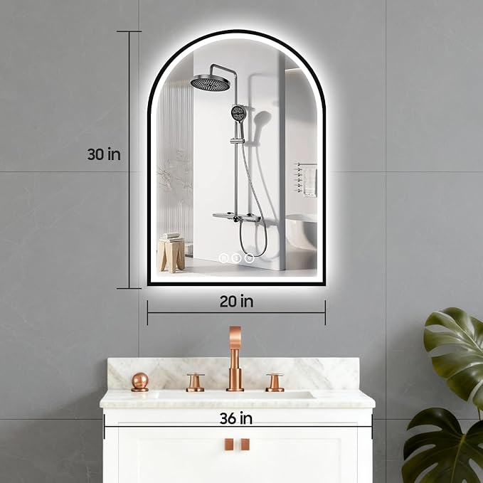 20x30 Inch Arch LED Bathroom Mirror, Black Lighted Bathroom Mirrors Wall Mounted, Vanity Mirror with Anti-Fog, Memory Function, 3 Color Temperature, Dimmable Led Mirror for Bathroom