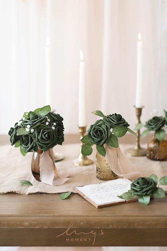Ling’s Moment Artificial Flowers 50Pcs Emerald Green Roses Decor w/Stems,3" Real Touch DIY Foam Floral for Wedding Bouquet/Centerpieces, Outdoors Party Backdrop, Room/Table, and Garden/Pot Decorations