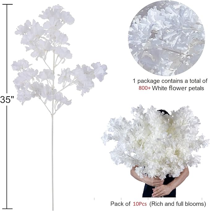 10Pcs in Bulk Artificial White Cherry Full Blossom Branches 35 Inch for Tall Floor Vase Wedding Home Decoration Fake Silk Flowers for Table Centerpiece Garden Party Indoor Outdoor (White - 10Pack)