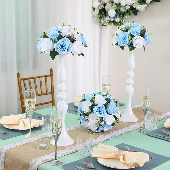10Pcs Artificial Flower Ball Arrangement, Fake Floral Centerpieces Wedding Roses Bouquet for Parties Valentine's Day Wedding Centerpieces and Home Decor (Blue & White)