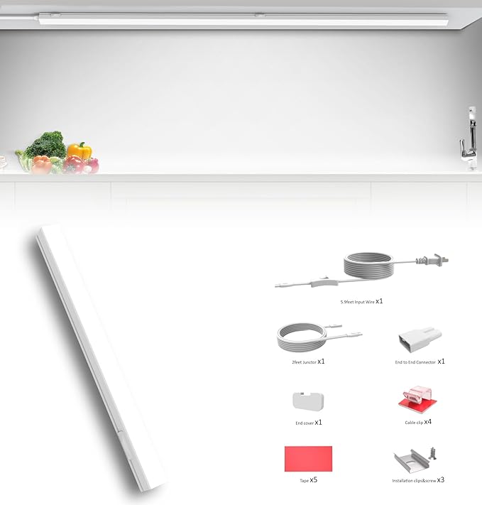 Under Cabinet Lighting Plug in, 24 Inch 1 Pc, Linkable AC120V 3CCT 3000K/4000K/5000K Ultra Slim, LED Under Cabinet Lights for Counter Light, Kitchen, Shelf, Sink, Workshop, Desk, White