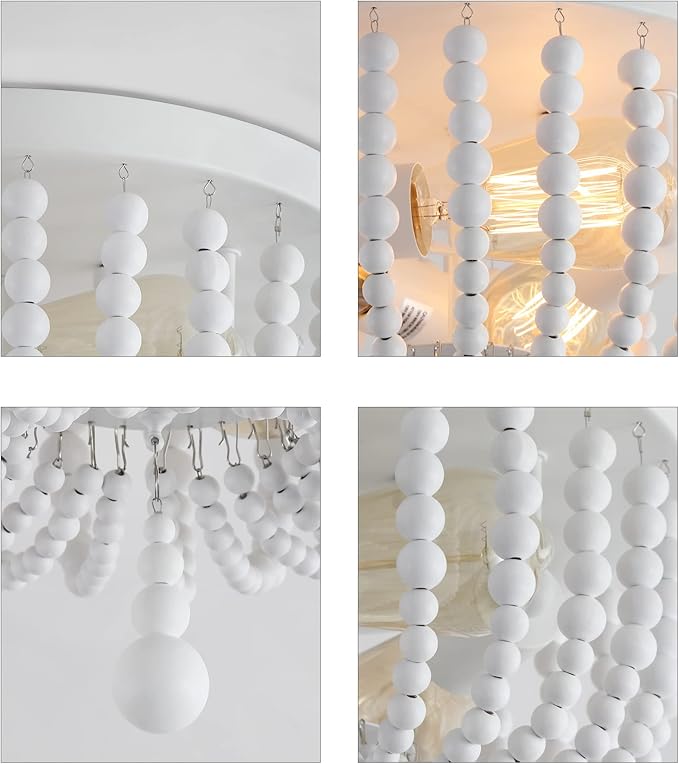 Q&S White Boho Beaded Chandeliers Flush Mount Ceiling Light,3-Lights Small Chandelier Light Fixture for Bedroom,Kitchen,Dining Room,Living Room,Stairway Gazebo