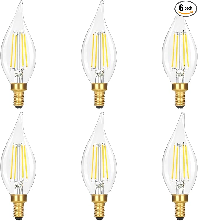 Dimmable E12 Candelabra Bulb 60 watt, 6W 630 LM Dimmable E12 LED Bulb 5000K Daylight White, Vintage Flame Tip LED Chandelier Light Bulbs, 6-Pack