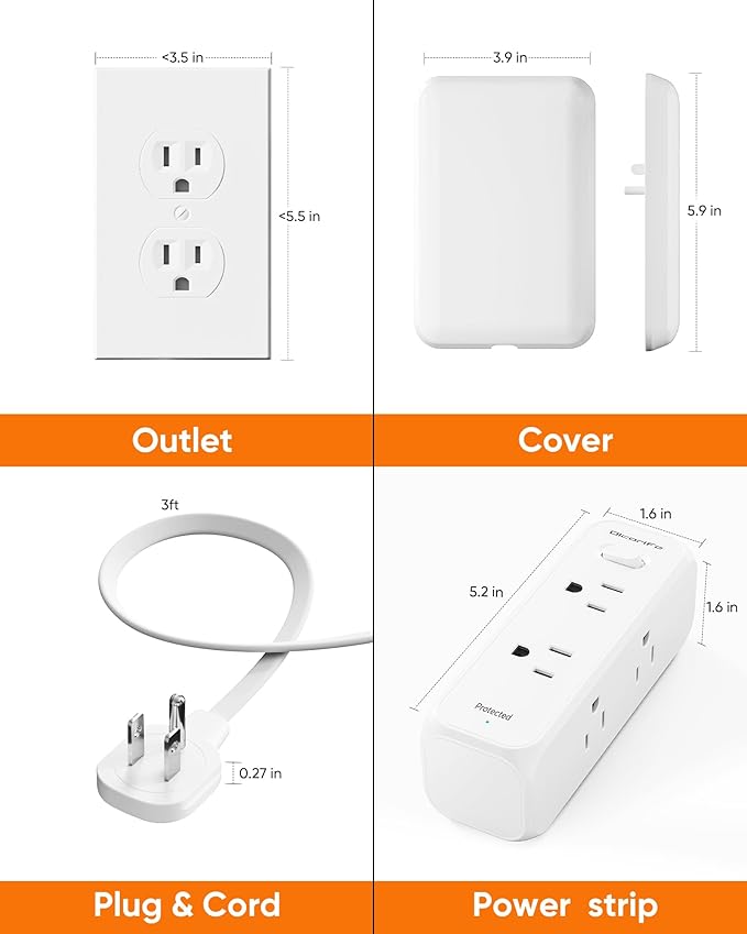 Flat Outlet Extender with Cover, Flat Plug Power Strip with 6 AC Outlets, 2000 Joules Surge Protector, 3FT Flat Extension Cord, Home Office Travel Dorm Room Essentials