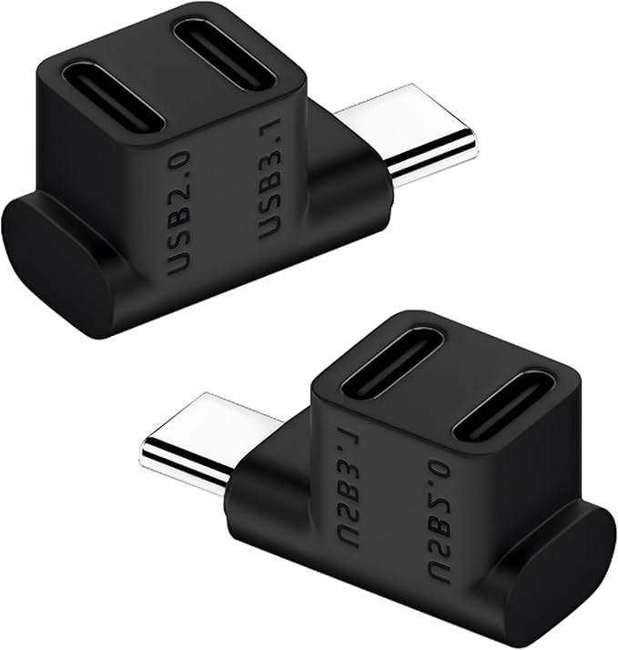 FUSIONWIS 1 to 2 USB 3.1 C 90 Degree Adapter 10Gbps USB Type C 3.1 Male to USB C 3.1 +USB C 2.0 Dual Female Right Angle Connector Support 100W Fast Charge,Data Transfer and 4K60Hz Resolution-2PCS