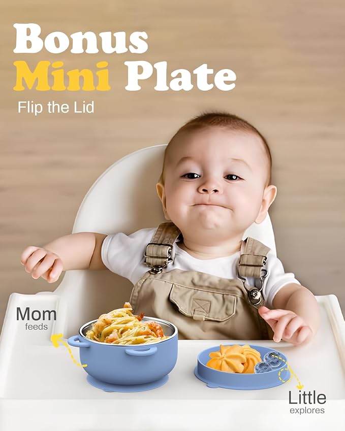 Baby Suction Bowls with Lids 4-Pack, 2-in-1 Stainless Steel 304 Toddler Bowl & Removable Silicone Suction Kids Bowl Plate Set Non Toxic Snack Dishes for Self-Feeding, Ocean Explorer Set